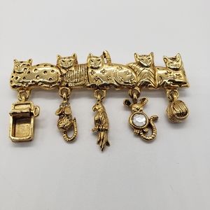 AJC Cozy Cats Gold Tone Charm Brooch